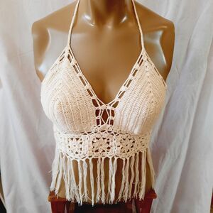 Gypsy Rose Crochet Boho Halter Top Tie Neck/Back Fringe Cream Color